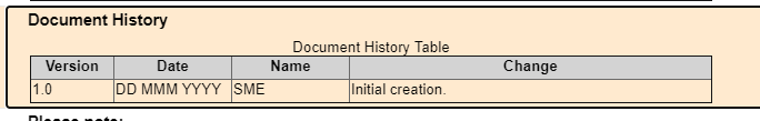 Document history table with the version, date, module and change
